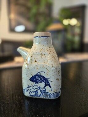 Japanese Style Ceramic Oil Dispenser w/ Fish & Wave Design NIB
